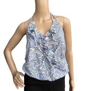 Express Women's Blue White Paisley Ruffled Sleeveless Halter Neck Top Size S